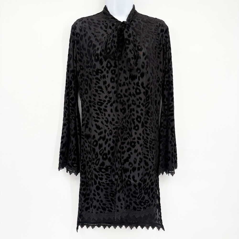 Analili Womens Black Leopard Burnout Velvet Tie Neck Goth Tunic Mini Dress XS
